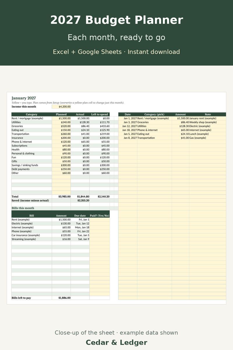 2027 New Year Money Kit: 2027 Budget Planner month tab preview