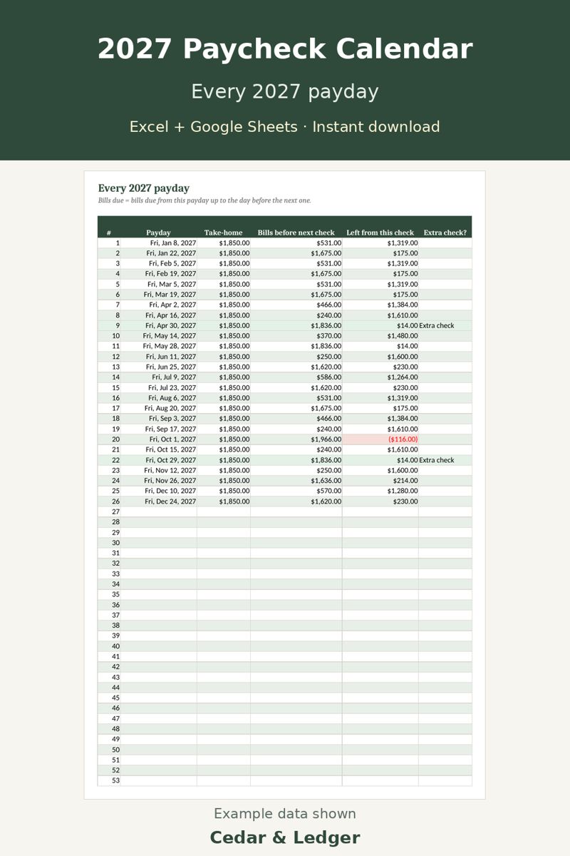 2027 New Year Money Kit: 2027 Paycheck Calendar paydays tab preview