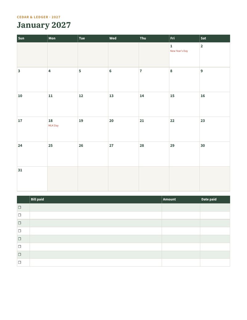 2027 Printable Money Pack: January 2027 bill calendar page preview