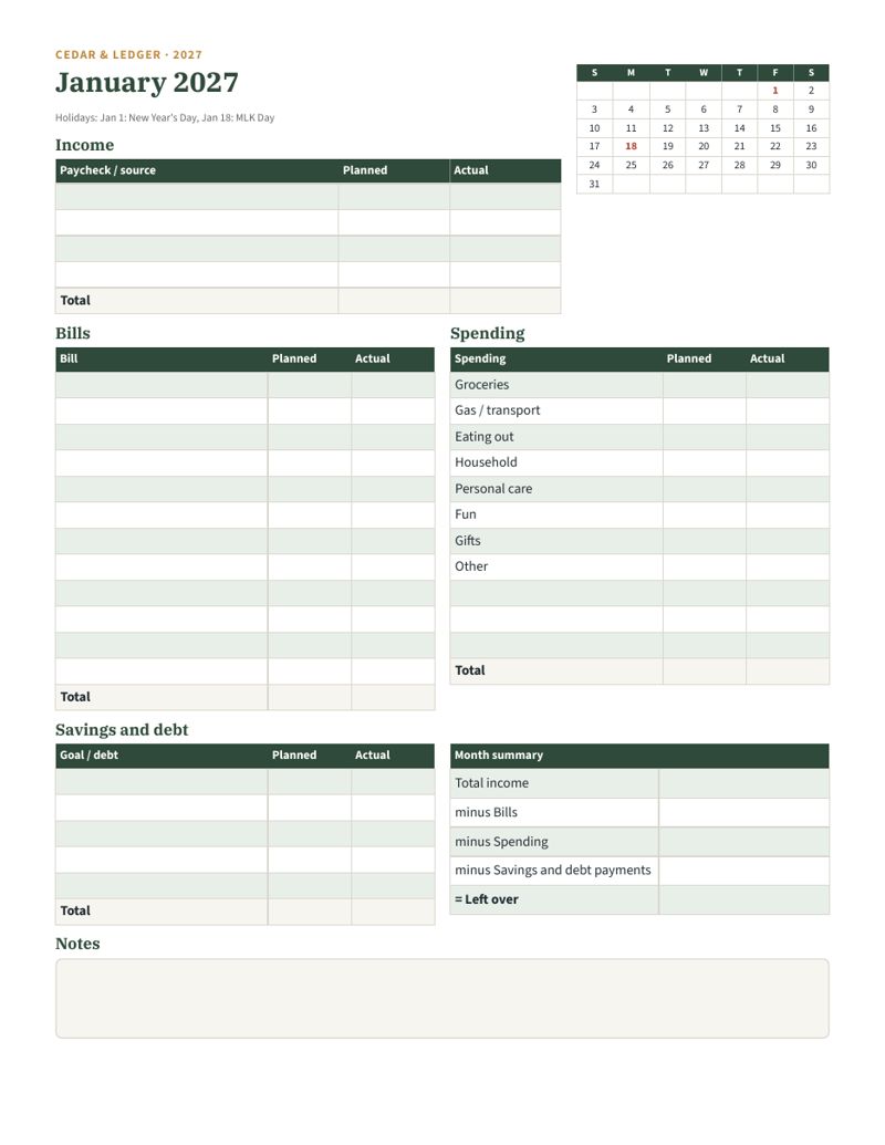 2027 Complete Printable Budget Set (Financial Planner): 2027 Monthly Budget: January page preview