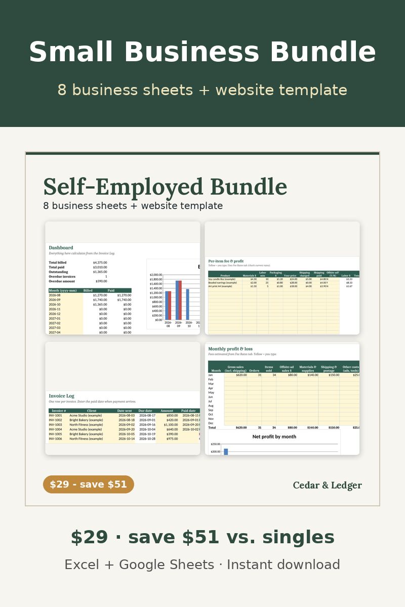 Self-Employed & Small Business Bundle | Bookkeeping, Invoices, Pricing, Mileage & Profit Spreadsheets: bundle overview preview