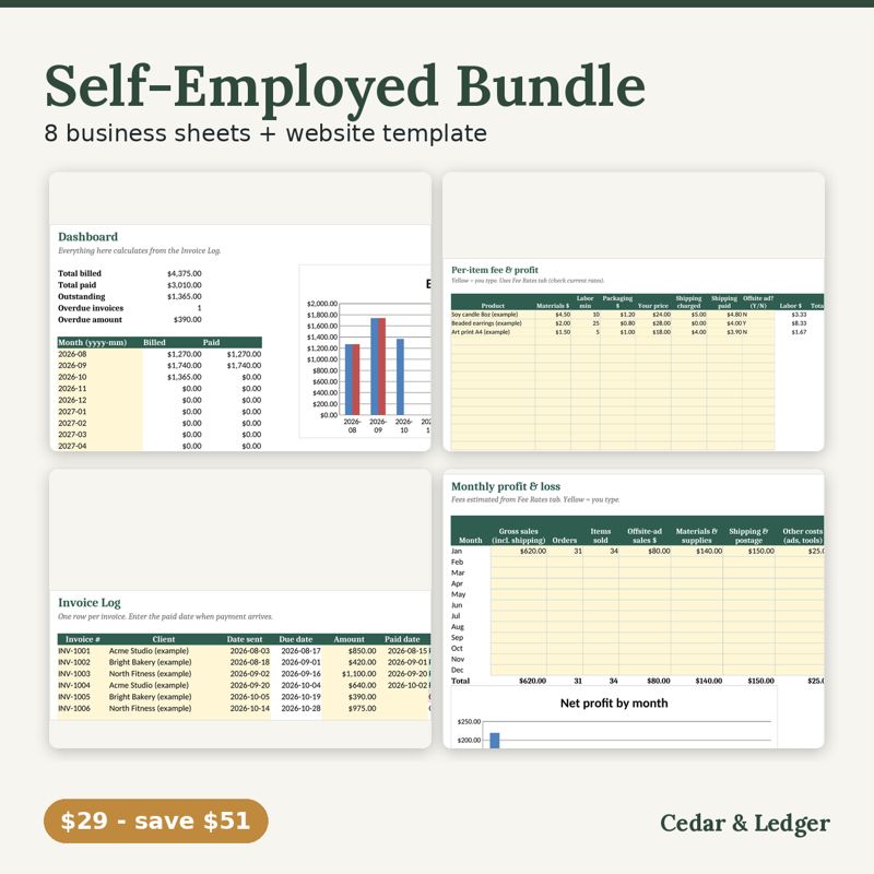 Self-Employed & Small Business Bundle | Bookkeeping, Invoices, Pricing, Mileage & Profit Spreadsheets: cover preview