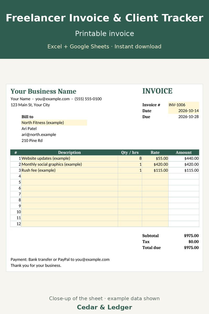 Self-Employed & Small Business Bundle | Bookkeeping, Invoices, Pricing, Mileage & Profit Spreadsheets: Invoice tracker preview