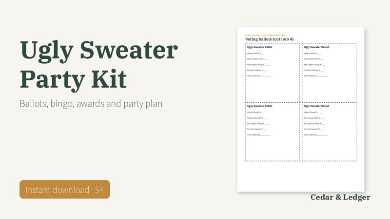 Christmas Party Pack 2026 (8 Printable Party Kits): ugly sweater party kit preview