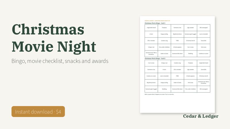 Christmas Party Pack 2026 (8 Printable Party Kits): christmas movie night kit preview