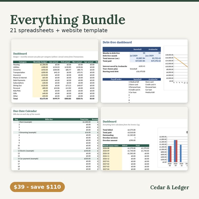 Everything Bundle | All 21 Cedar & Ledger Budget, Bookkeeping & Business Spreadsheets + Website Template: cover preview