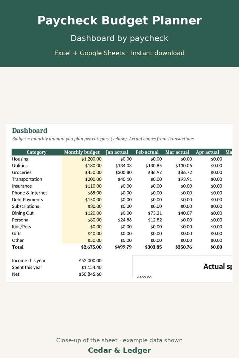 Everything Bundle | All 21 Cedar & Ledger Budget, Bookkeeping & Business Spreadsheets + Website Template: Paycheck budget (home) preview