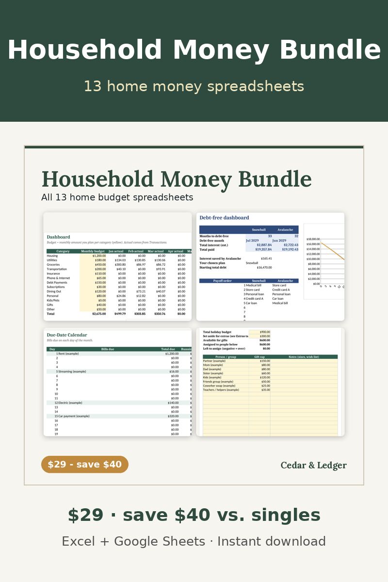 Complete Household Money Bundle: 13 Budget, Debt, Savings and Bill Spreadsheets: bundle overview preview