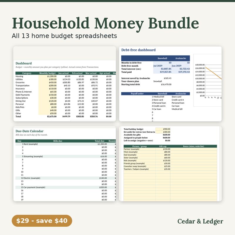 Complete Household Money Bundle: 13 Budget, Debt, Savings and Bill Spreadsheets: cover preview