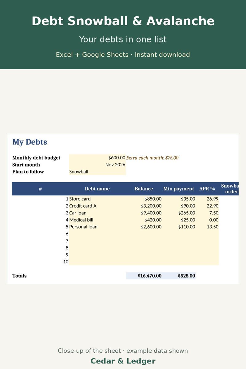 Complete Household Money Bundle: 13 Budget, Debt, Savings and Bill Spreadsheets: Debt payoff planner preview