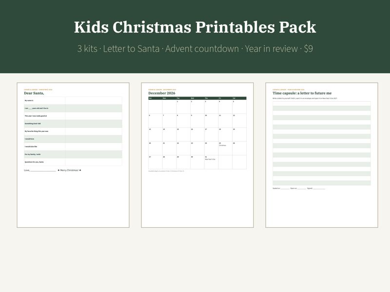 Kids Christmas Printables Pack 2026 preview (example data)
