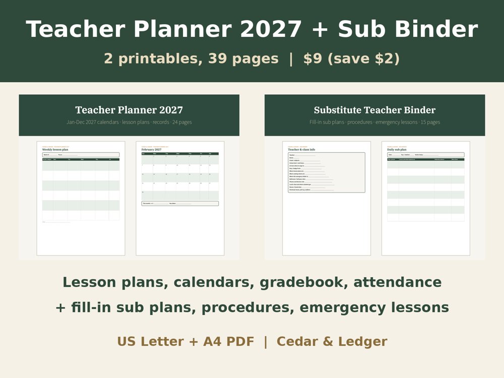 Teacher Planner 2027 + Sub Binder Bundle: weekly lesson plan preview