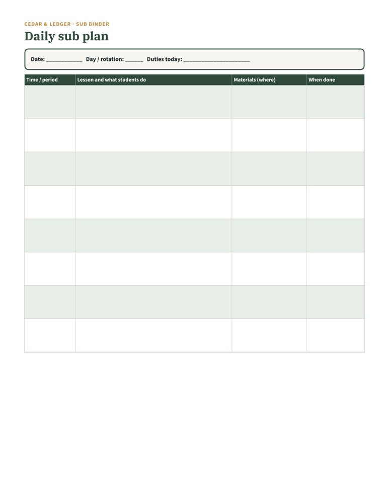 Teacher Planner 2027 + Sub Binder Bundle: daily sub plan preview