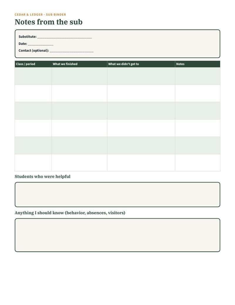 Teacher Planner 2027 + Sub Binder Bundle: notes from sub preview