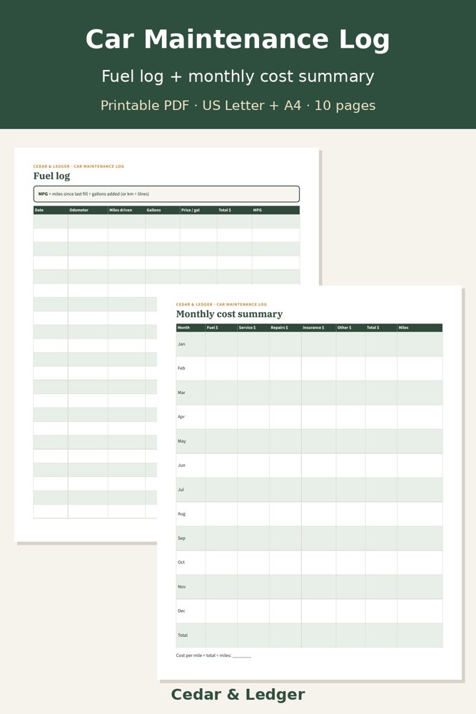 Fuel log and cost summary pages