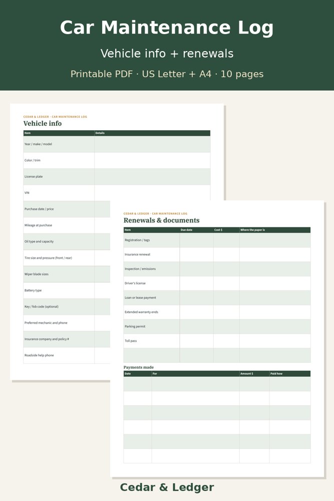 Car Maintenance & Vehicle Expense Log: records preview