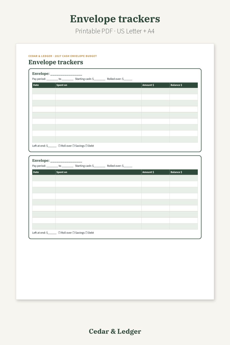 Cash Envelope Budget Printable 2027 (Cash Stuffing Trackers): Envelope trackers preview