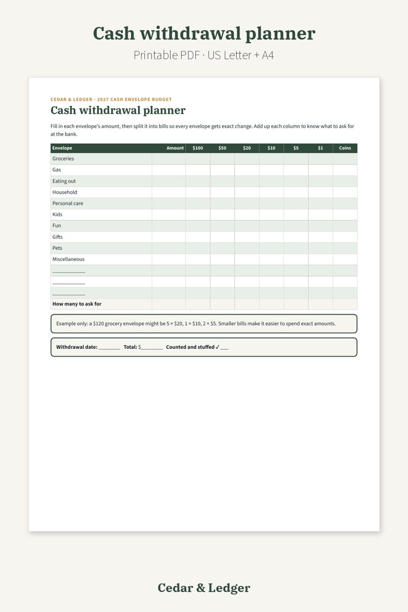 Cash Envelope Budget Printable 2027 (Cash Stuffing Trackers): Cash withdrawal planner preview