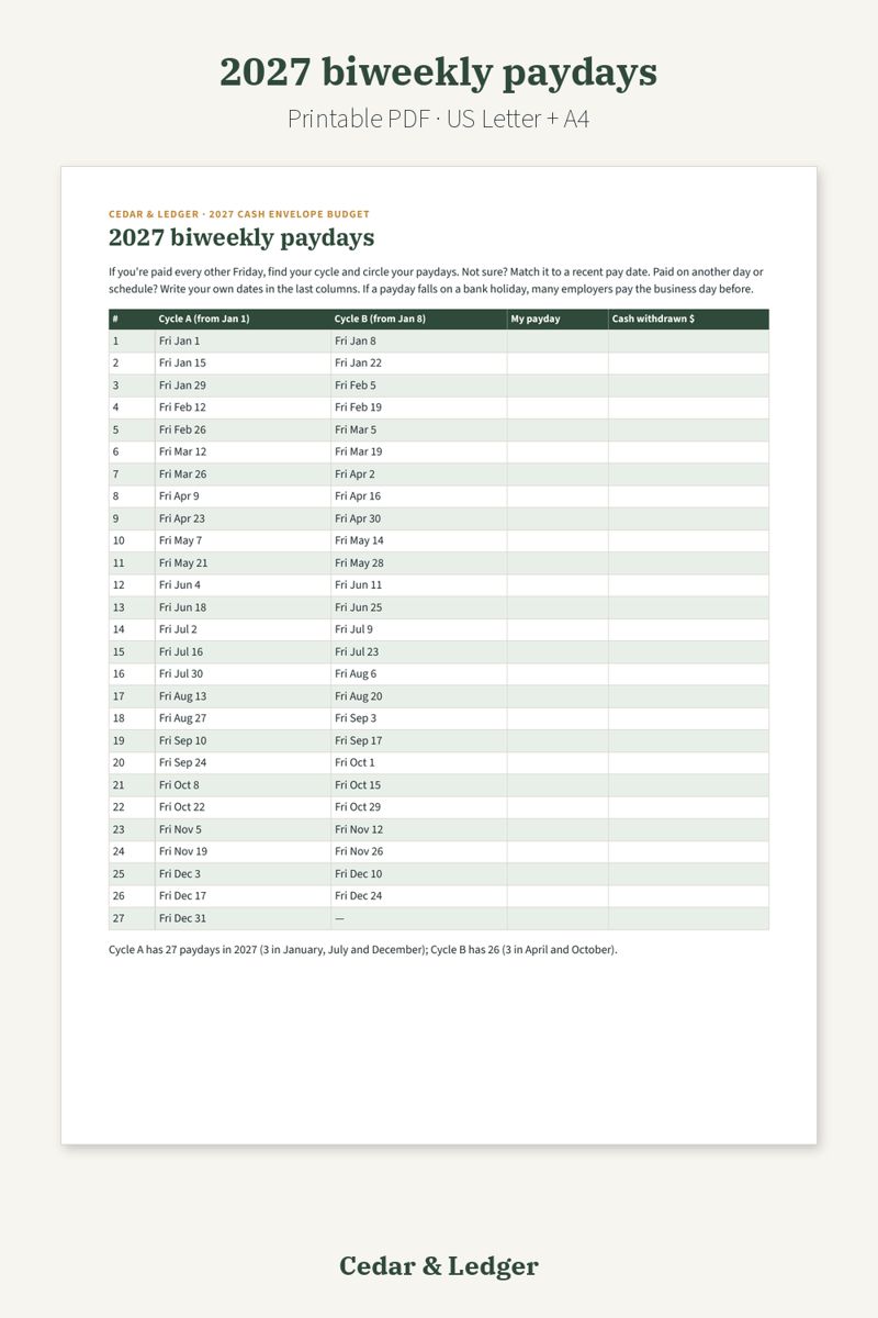 Cash Envelope Budget Printable 2027 (Cash Stuffing Trackers): 2027 biweekly paydays preview