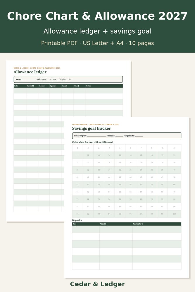 Allowance ledger and savings goal pages