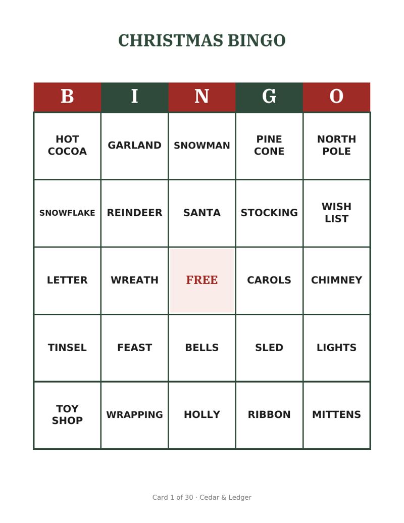 Christmas Word Bingo Printable preview (example data)