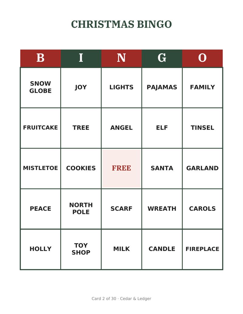 Christmas Word Bingo Printable: card preview