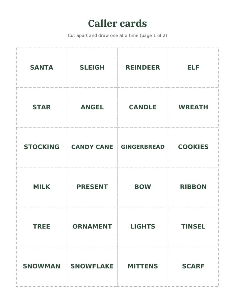 Christmas Word Bingo Printable: caller preview