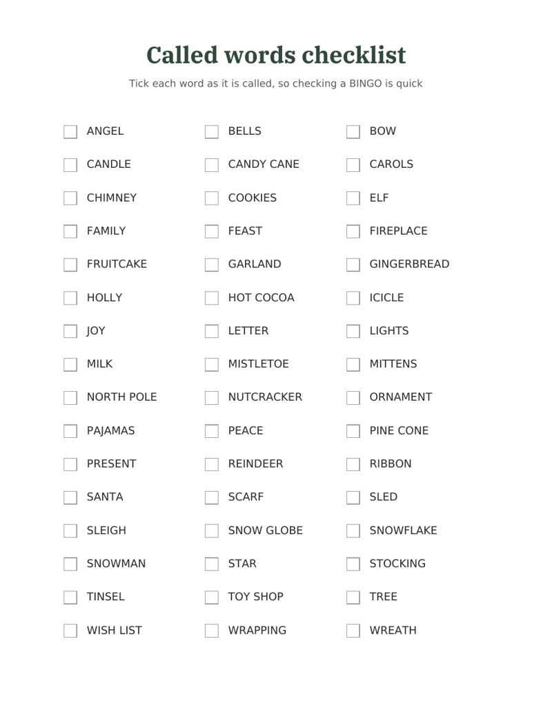 Christmas Word Bingo Printable: checklist preview