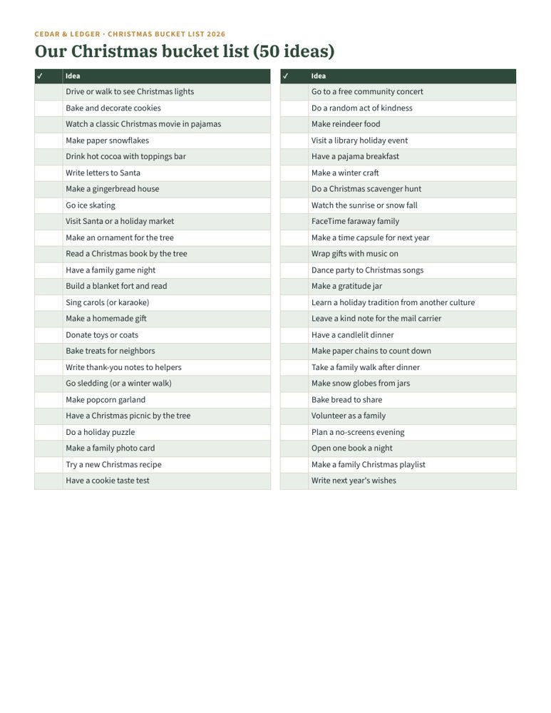 Christmas Bucket List & Family Traditions 2026 preview (example data)