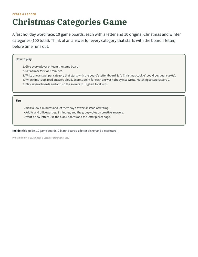 Christmas Categories Game: how preview