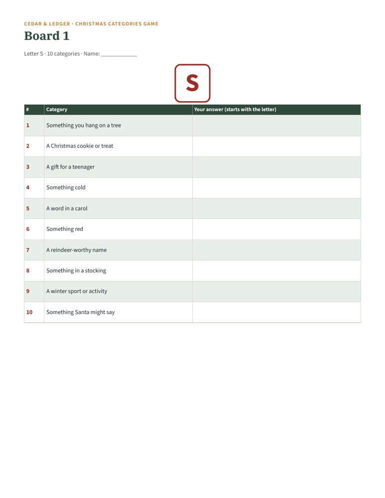 Christmas Categories Game: board s preview