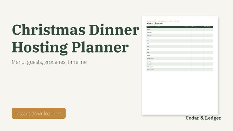 Christmas Dinner Planner Printable: Menu, Guest List and Hosting Timeline preview (example data)