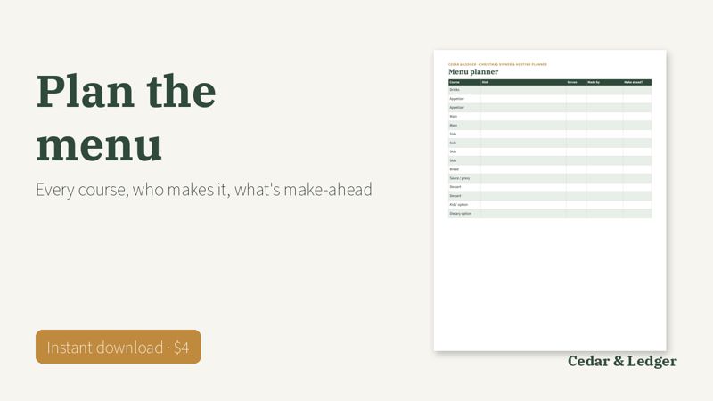 Christmas Dinner Planner Printable: Menu, Guest List and Hosting Timeline: menu preview