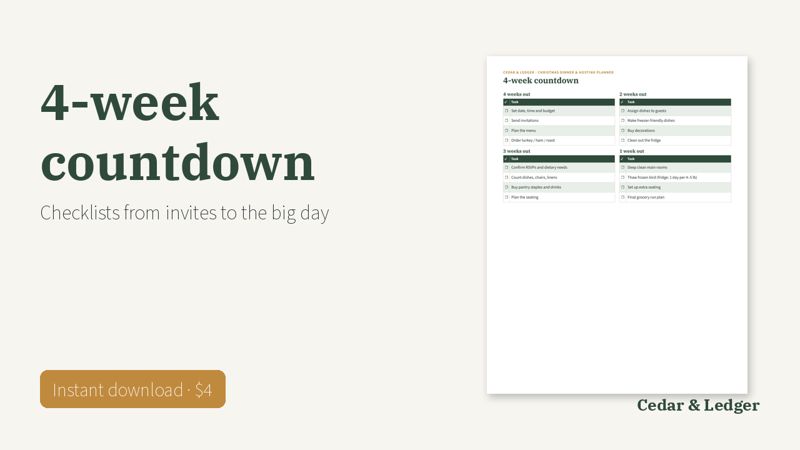 Christmas Dinner Planner Printable: Menu, Guest List and Hosting Timeline: countdown preview