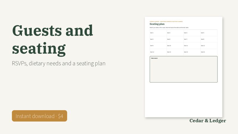 Christmas Dinner Planner Printable: Menu, Guest List and Hosting Timeline: seating preview
