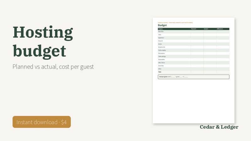Christmas Dinner Planner Printable: Menu, Guest List and Hosting Timeline: budget preview