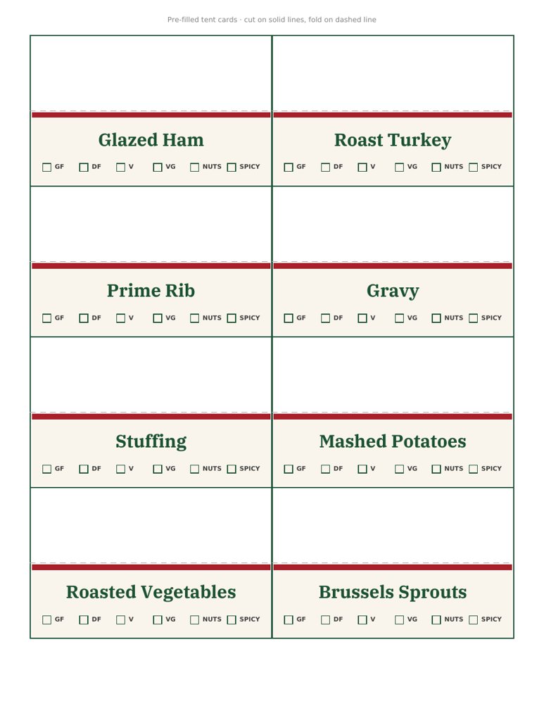 Pre-filled tent cards for Christmas dishes