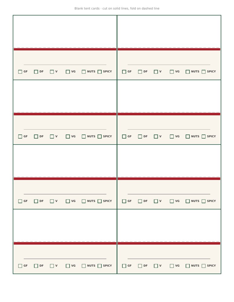 Blank tent cards to write any dish