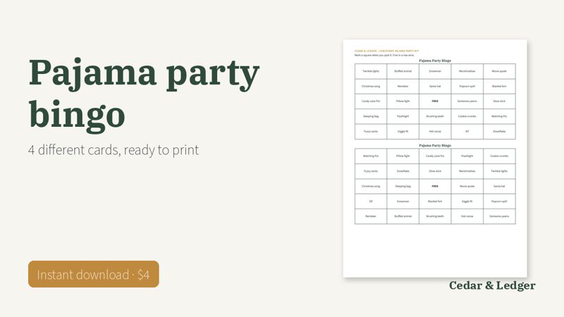 Christmas Pajama Party Kit: bingo preview