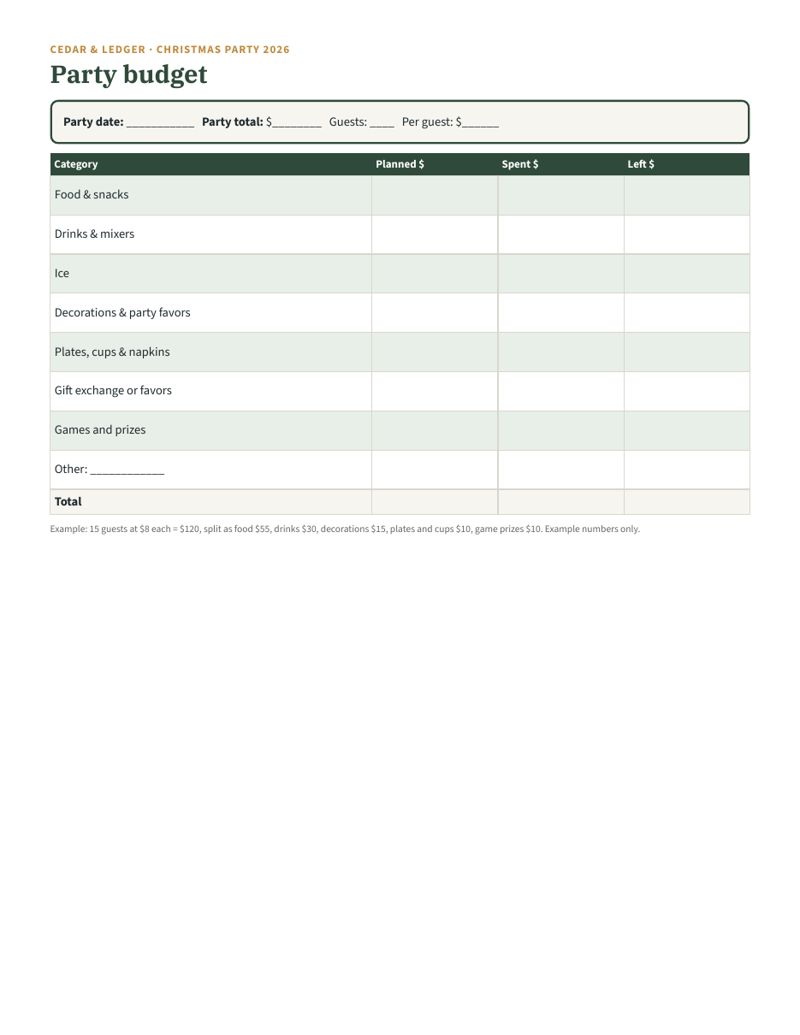 Christmas Party Planner 2026 Printable: budget preview