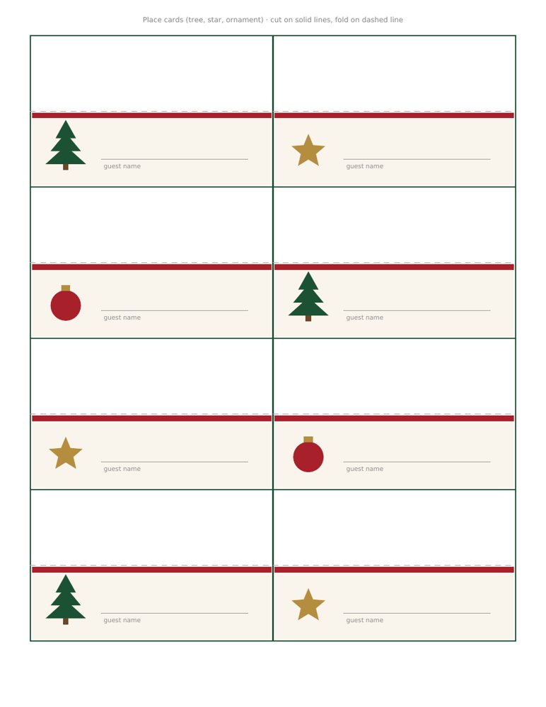 Fold-over Christmas place cards in tree, star and ornament styles