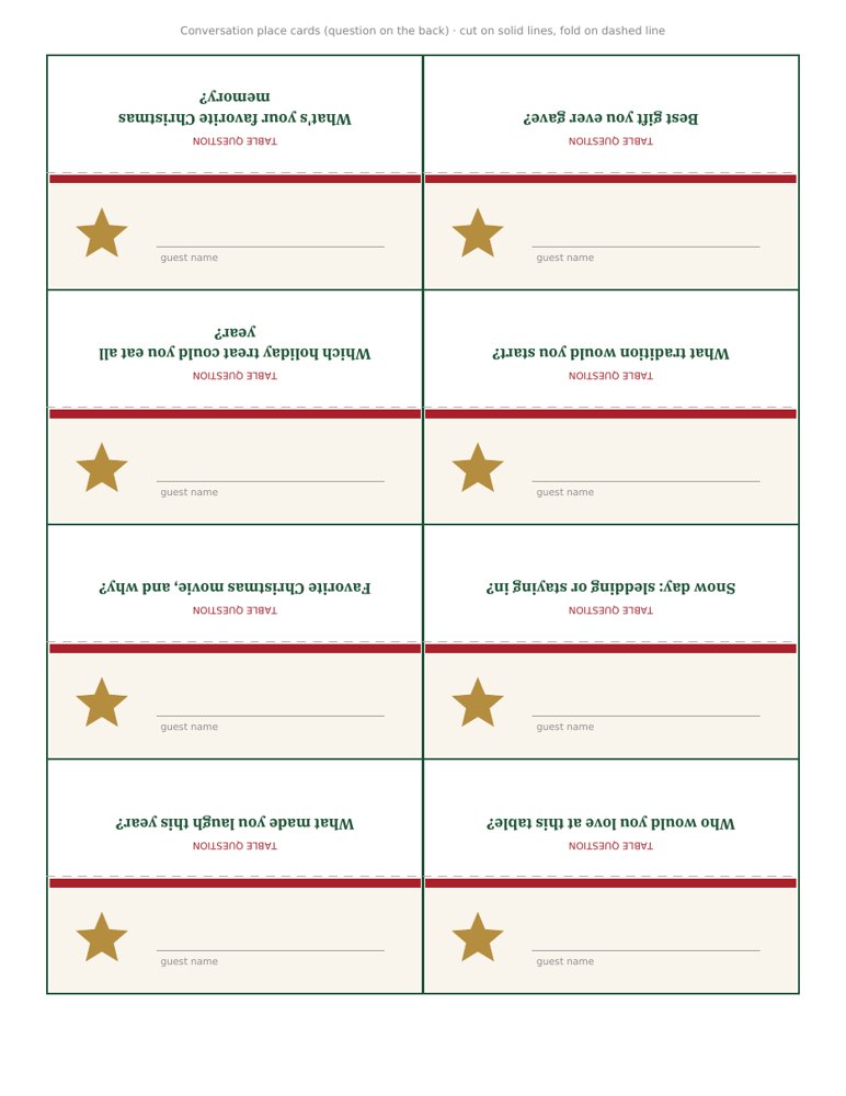 Conversation place cards with a question on the back