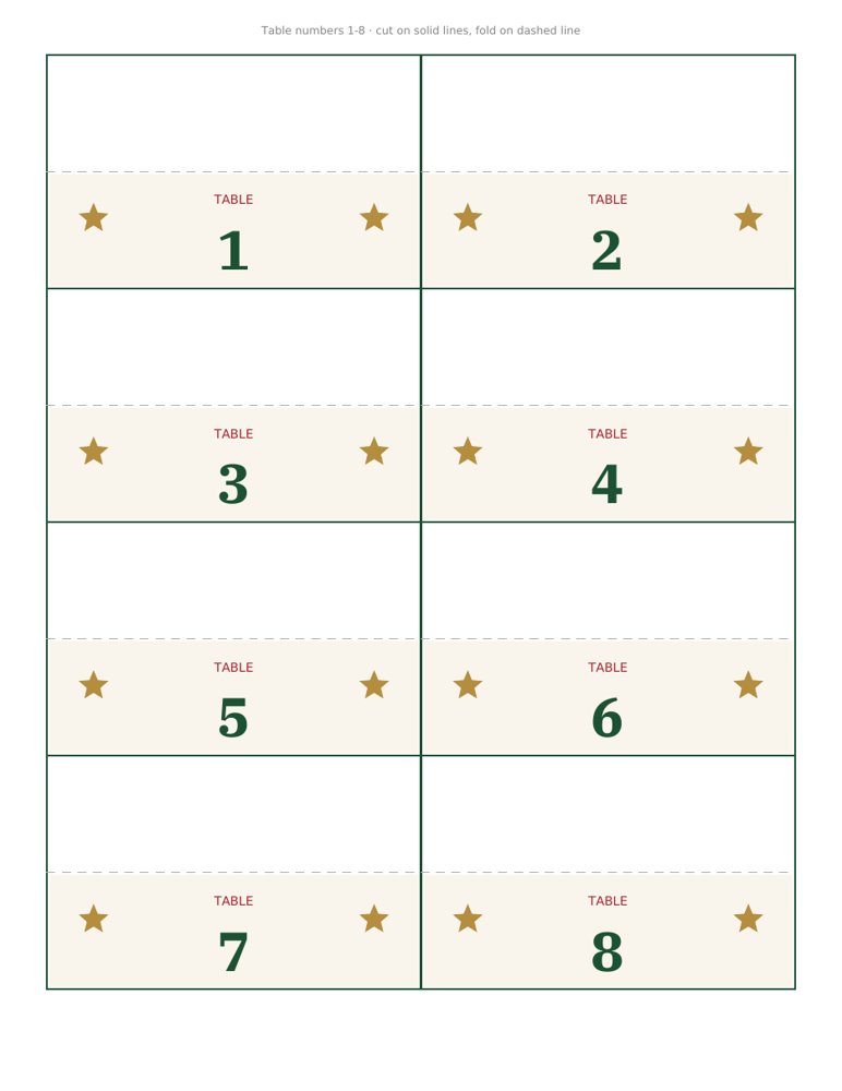 Table number cards 1-8