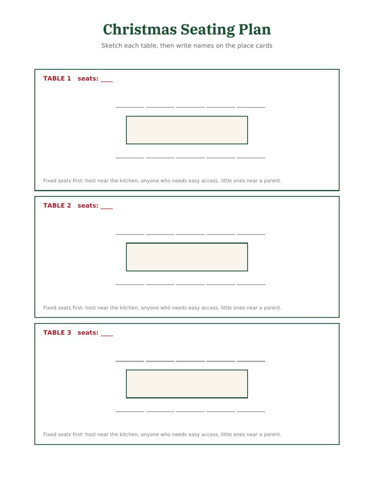 Seating plan sheet for up to 3 tables