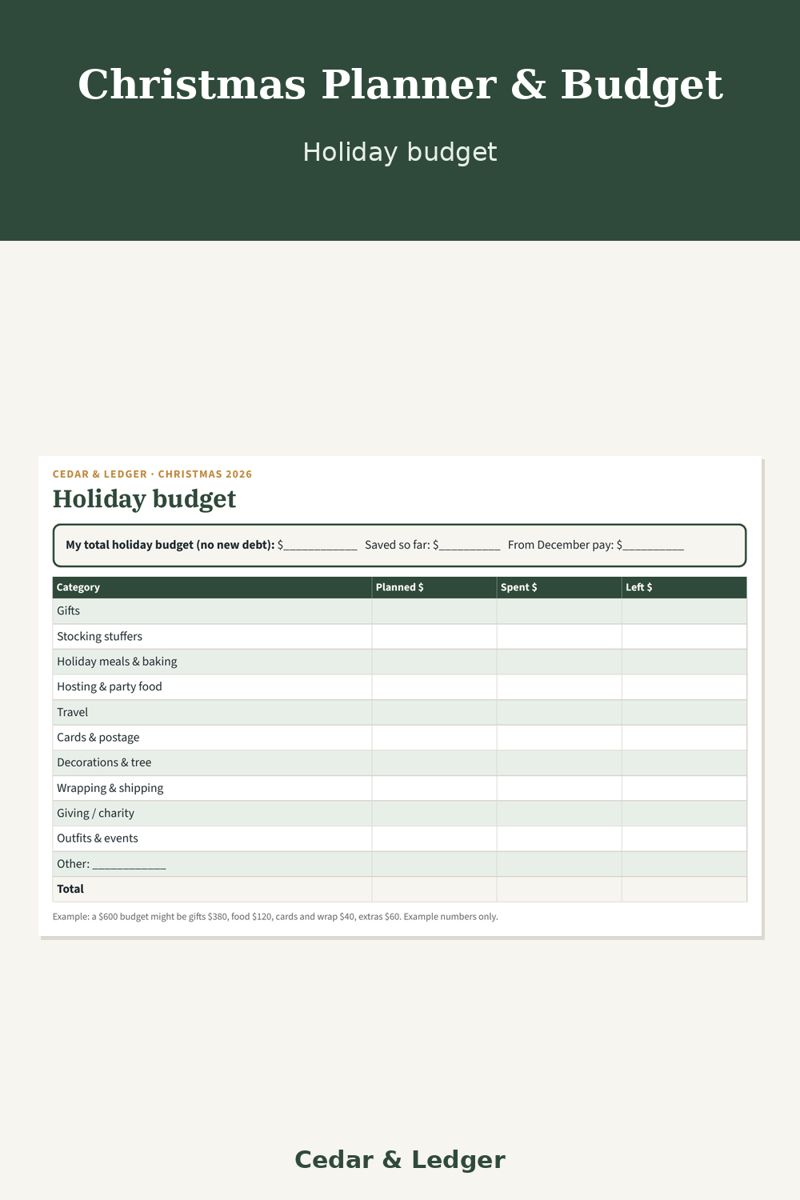 Christmas Planner Printable 2026 with Budget and Gift List preview (example data)