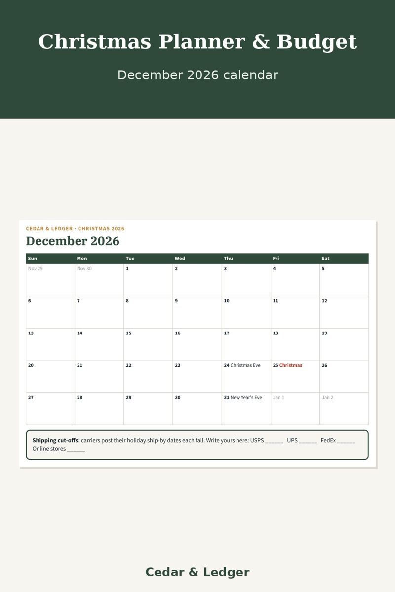 Christmas Planner Printable 2026 with Budget and Gift List: December 2026 calendar preview