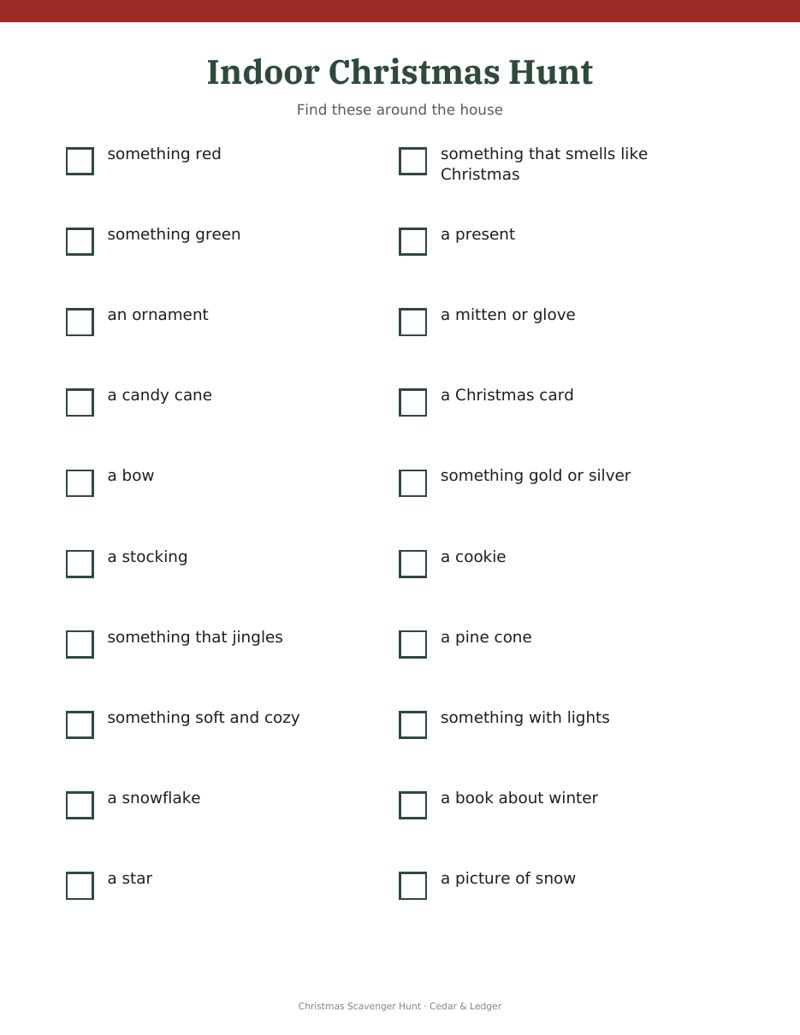 Christmas Scavenger Hunt Printable preview (example data)