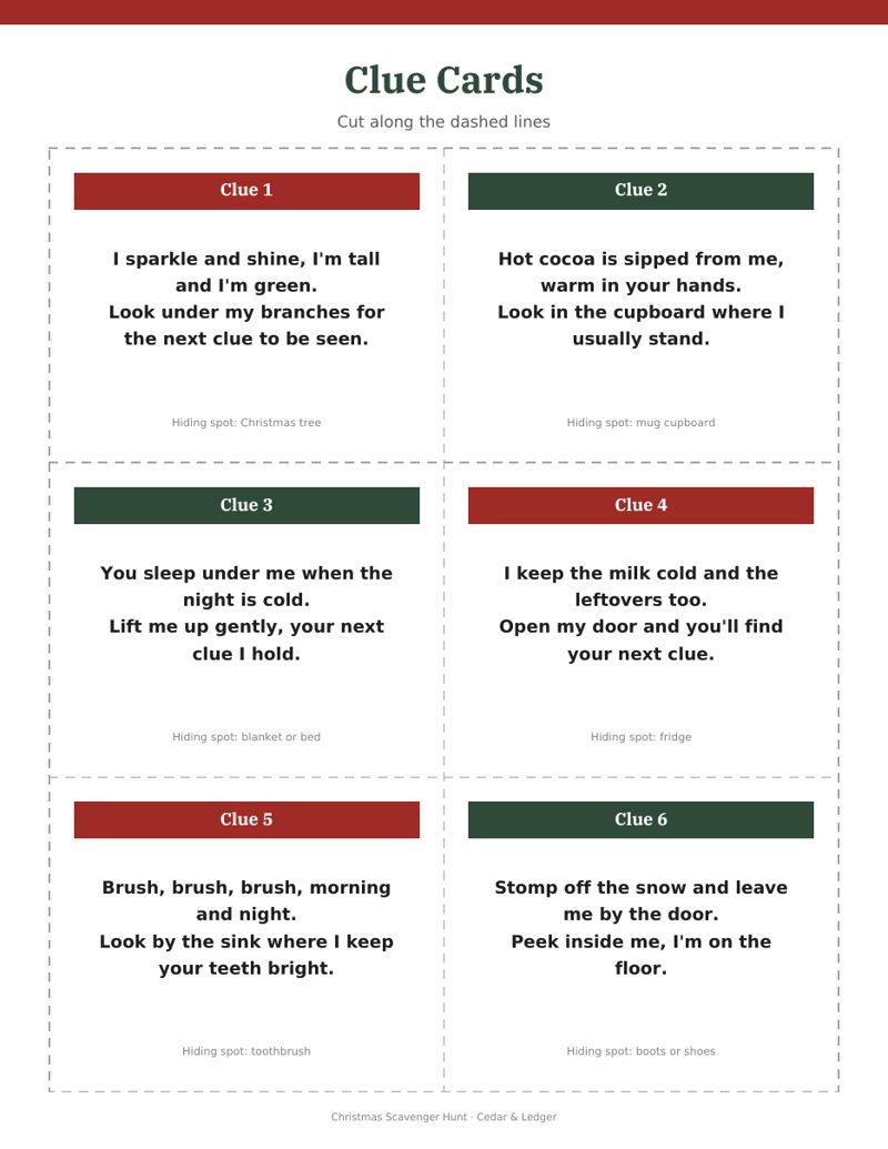 Christmas Scavenger Hunt Printable: clues preview