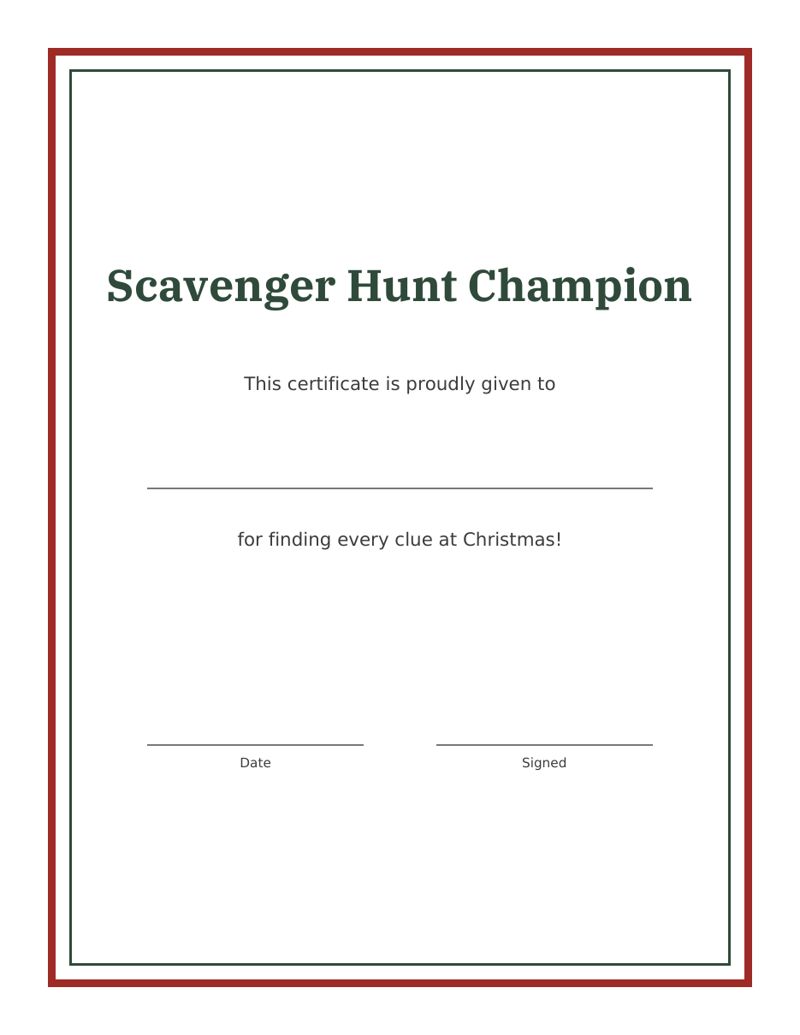 Christmas Scavenger Hunt Printable: certificate preview