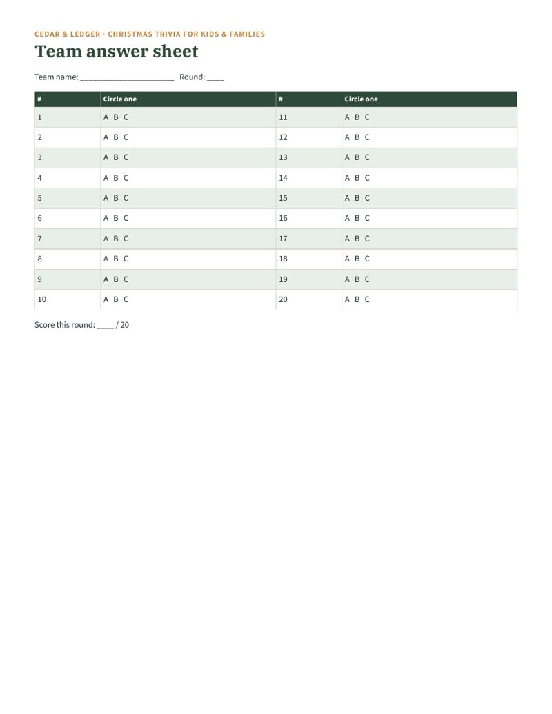 Christmas Trivia for Kids & Families: sheet preview